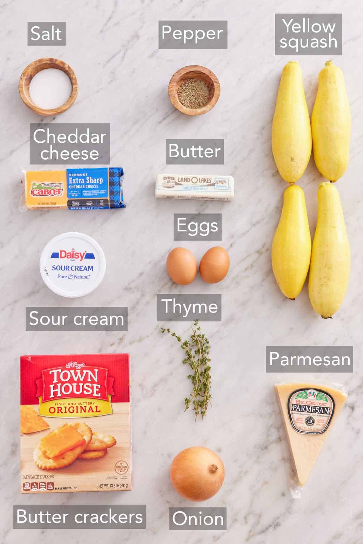 Ingredients needed to make squash casserole.