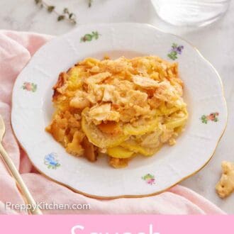 Pinterest graphic of a plate of squash casserole with a glass of water and some thyme behind it.