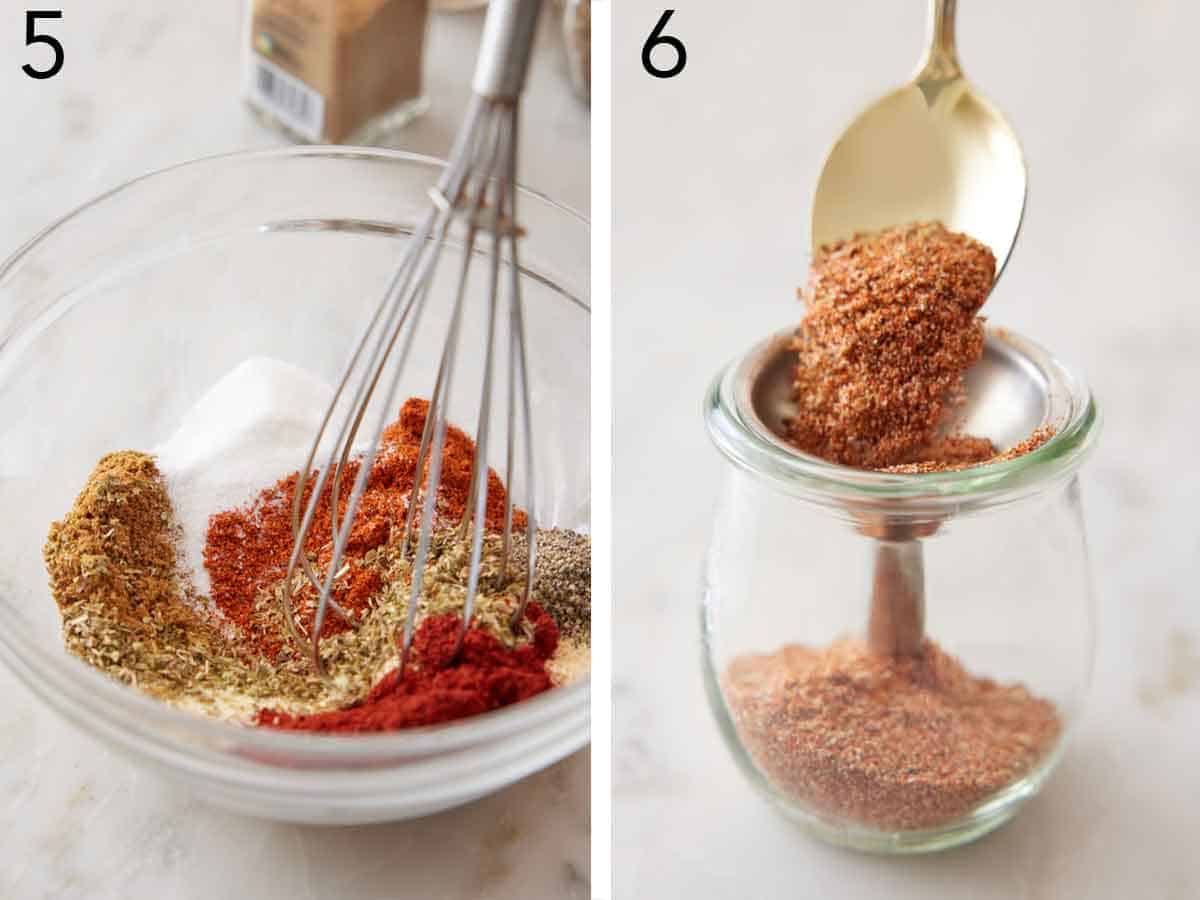 Set of two photos showing spices whisked together and added to a jar with a tiny funnel.
