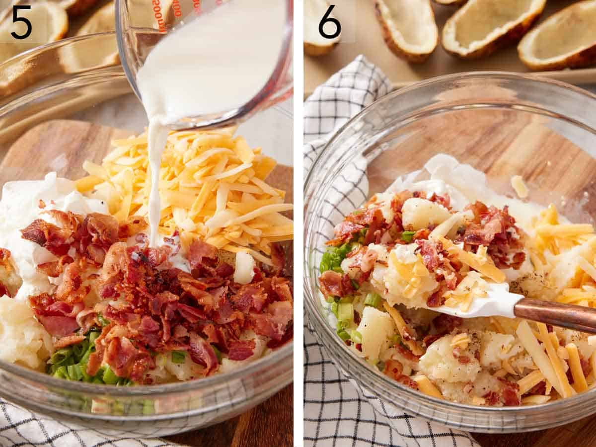 Set of two photos showing milk added to the filling in a bowl and mixed.