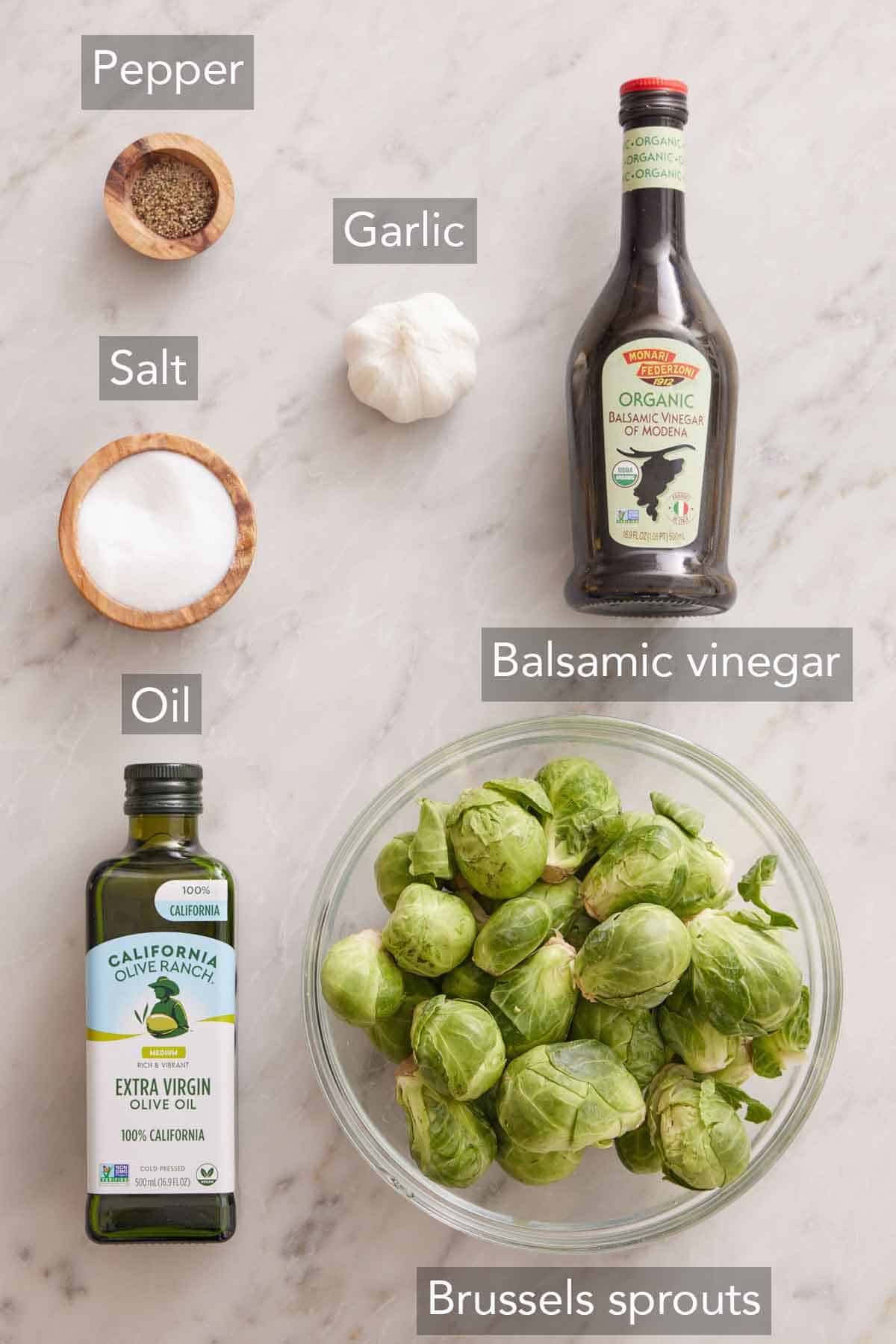 Ingredients needed to make air fryer Brussels sprouts.