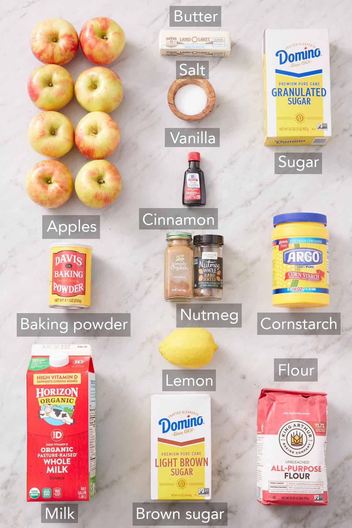 Ingredients needed to make apple cobbler.