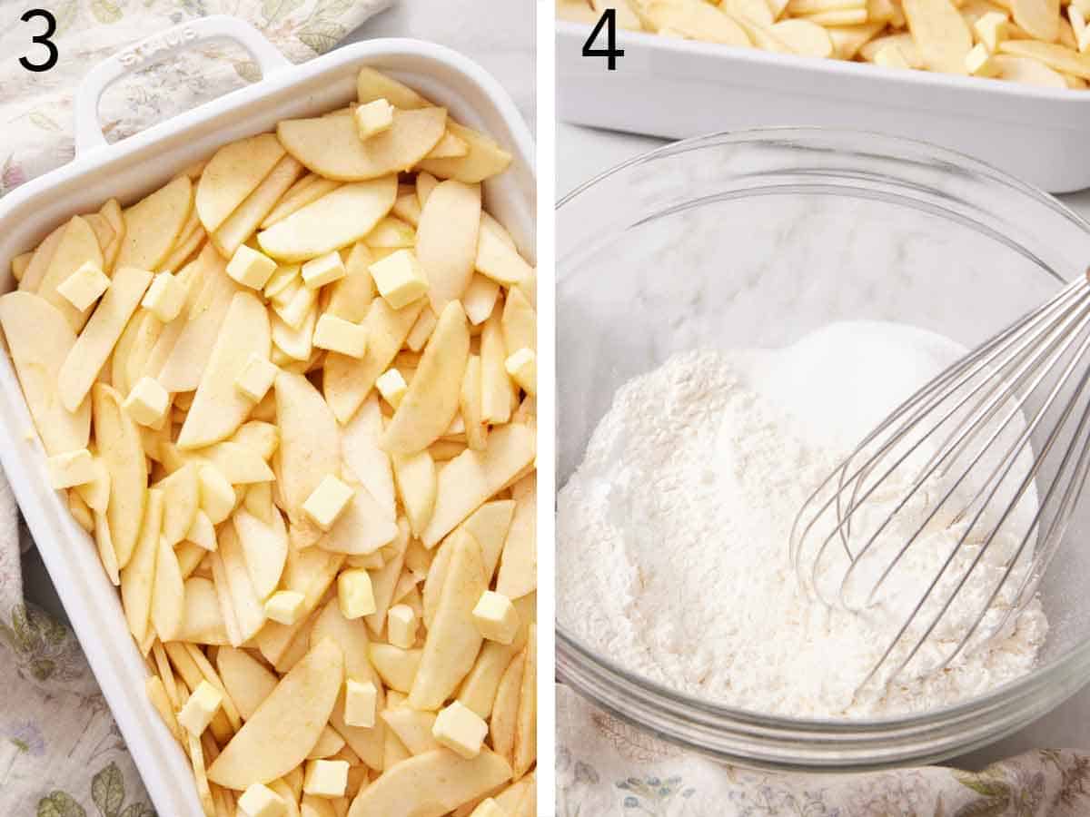 Set of two photos showing sliced apples added to a baking with dotted with butter and dry ingredients whisked together.