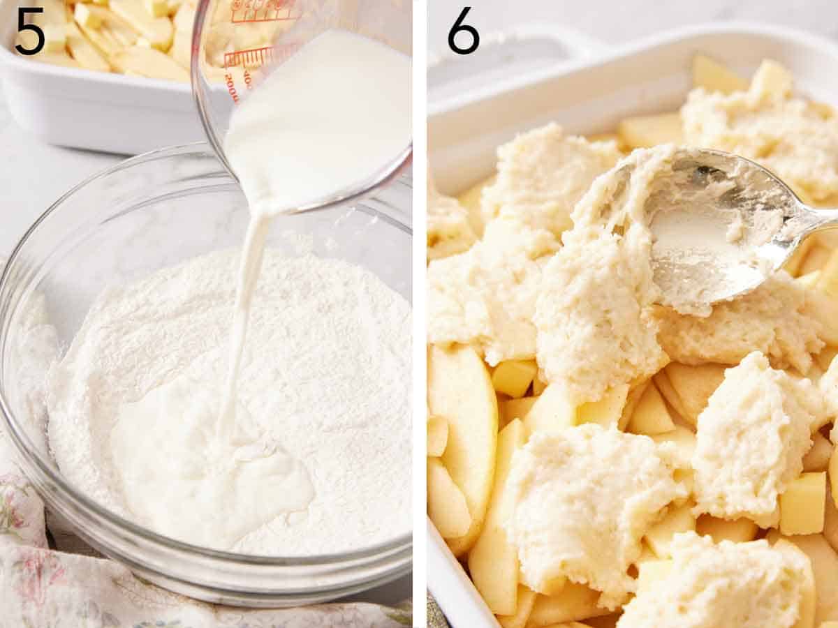 Set of two photos showing milk added to the dry ingredients and the mixture placed on top of the baking dish.