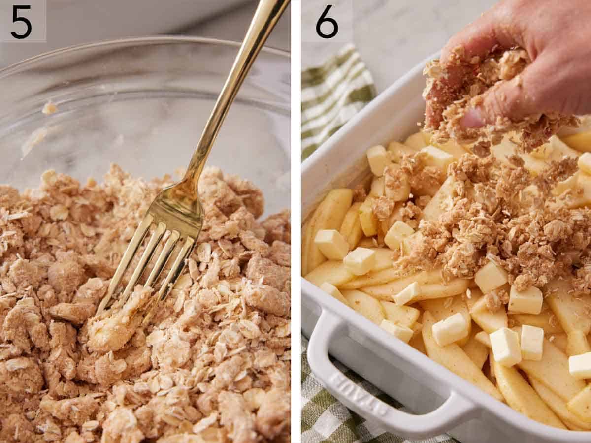 Set of two photos showing topping mixture combined and crumbled over the baking dish.