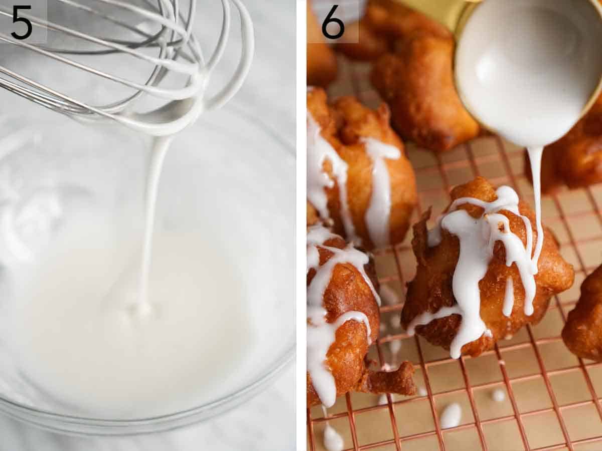 Set of two phoots showing a glaze whisked together and drizzled over the apple fritters over a wire rack.