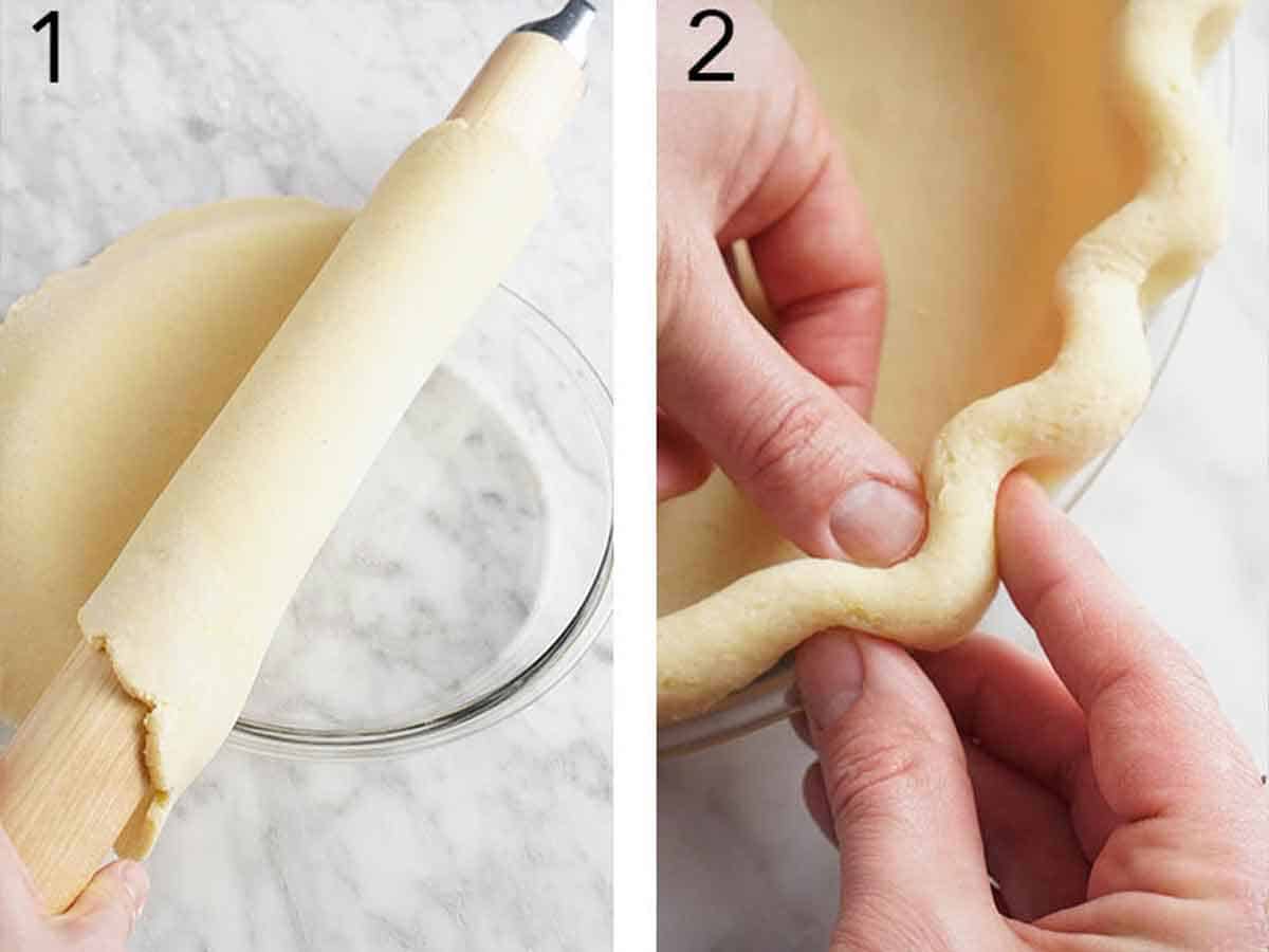 Set of two photos showing pie dough placed over a pie dish and the edges crimped.