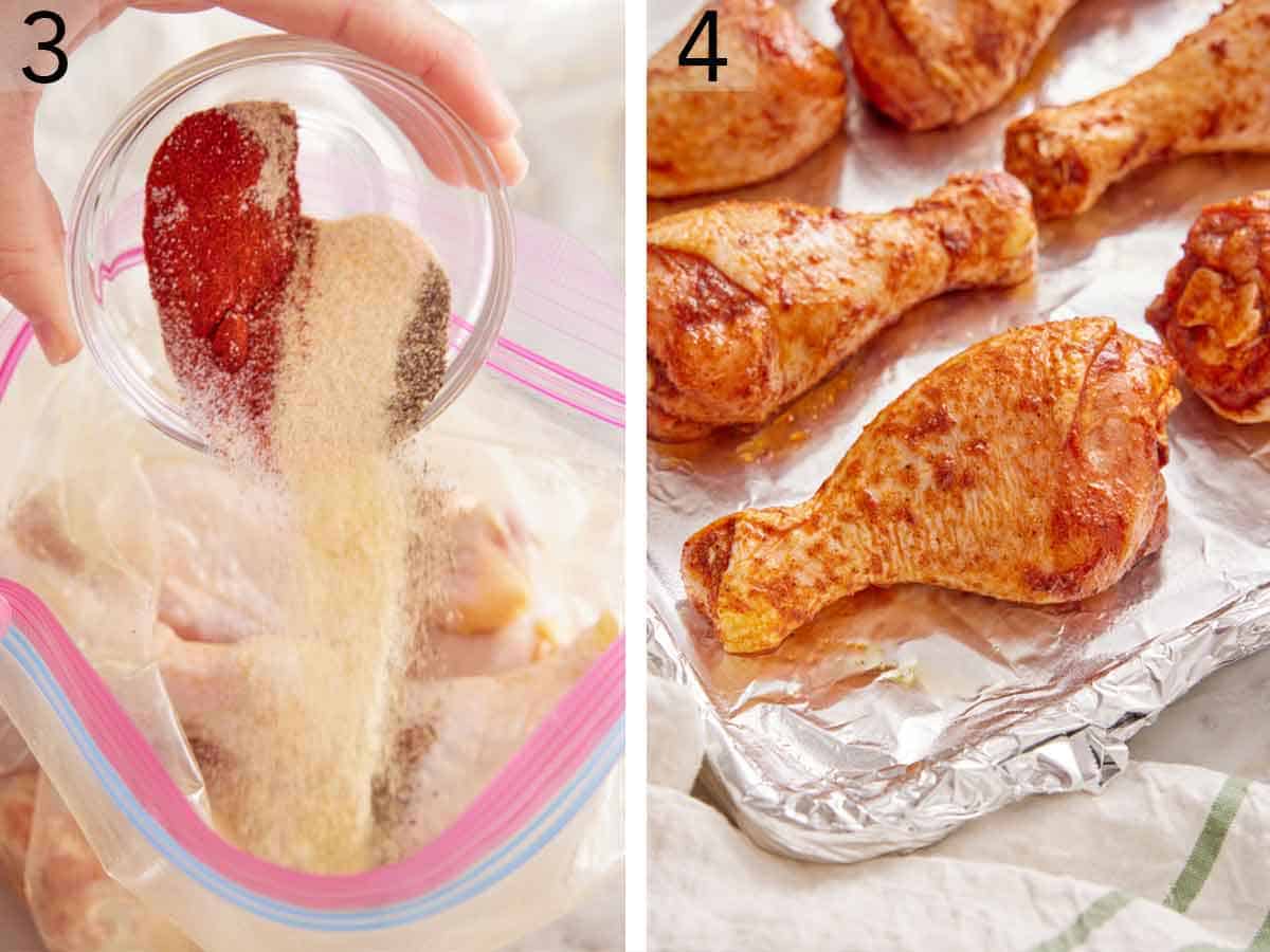 Set of two photos showing seasoning added to the meat and placed on a foil lined sheet pan.