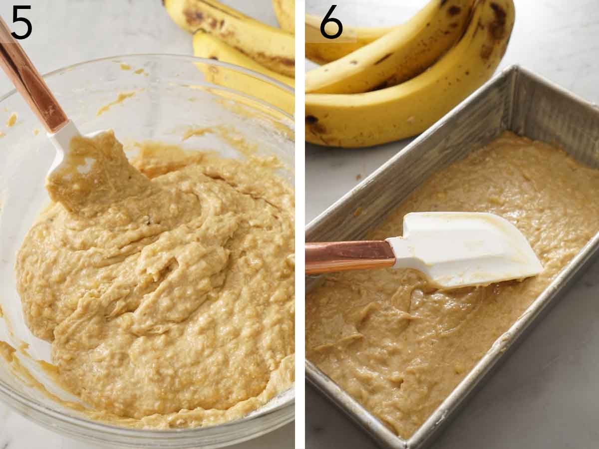 Set of two photos showing batter folded together and transferred to a loaf pan.