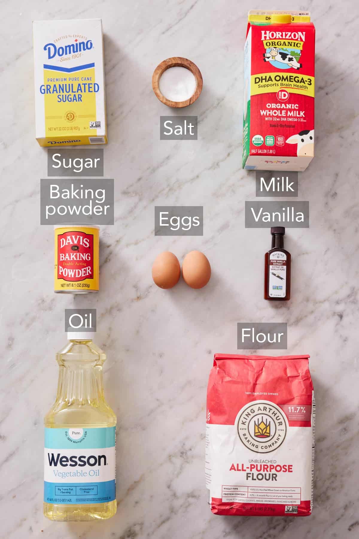 Ingredients needed to make Belgian waffles.