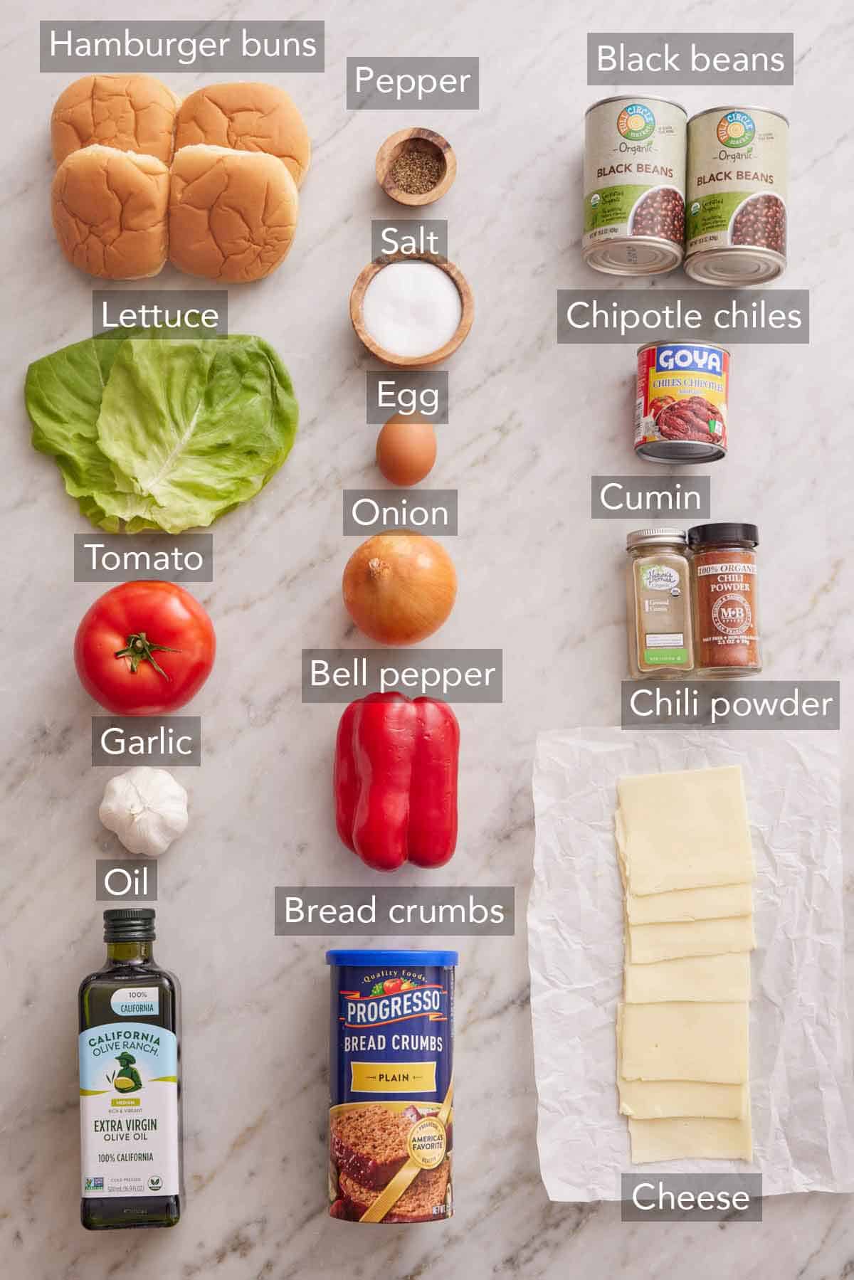 Ingredients needed to make black bean burgers.