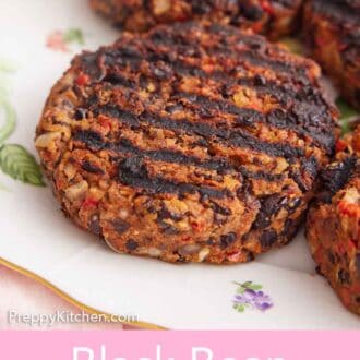Pinterest graphic of a plate of black bean burger patties.