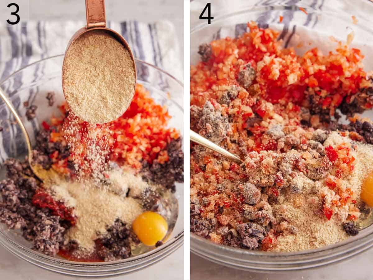 Set of two photos showing bread crumbs added to bowl of ingredients and mixed together.