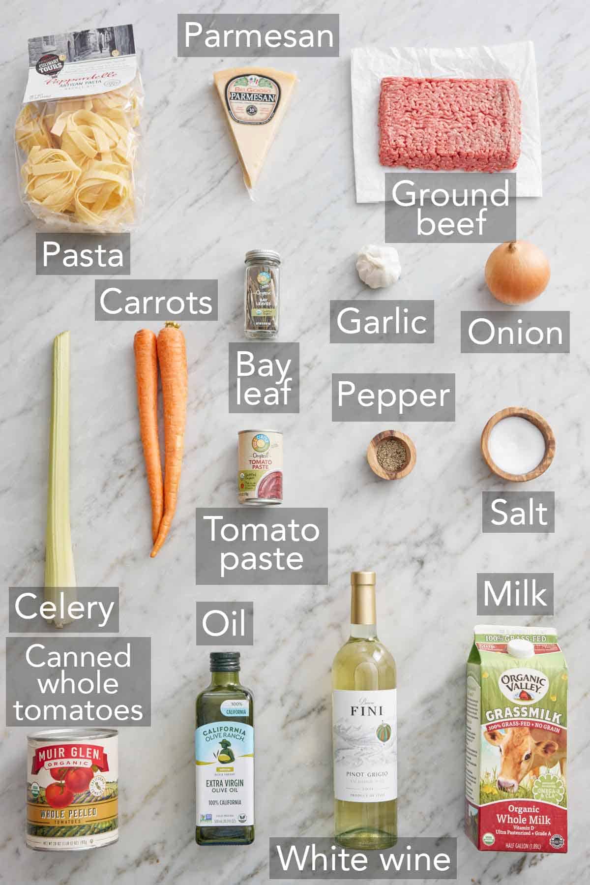 Ingredients needed to make bolognese.