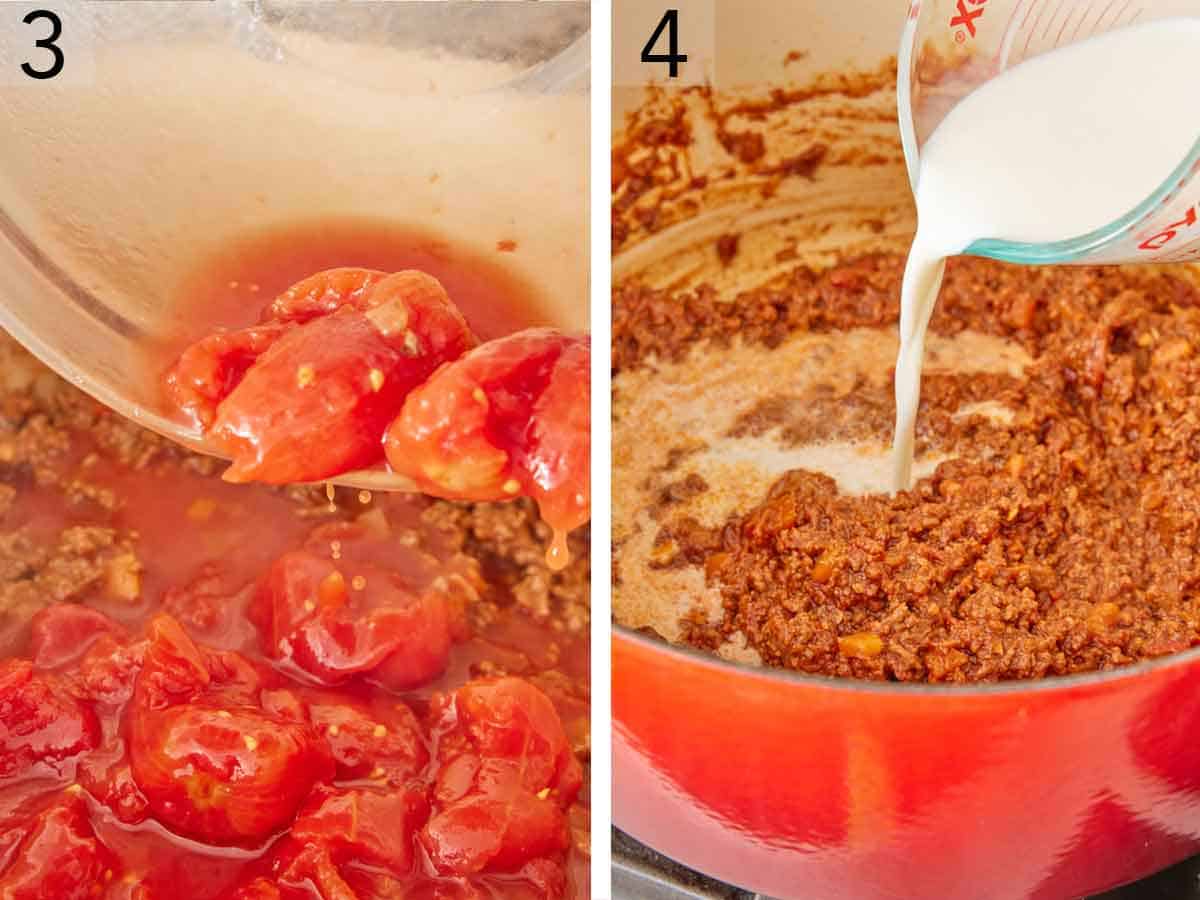 Set of two photos showing potatoes and milk added to the pot.