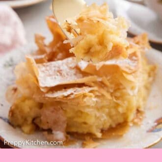 Pinterest graphic of a forkful of Bougatsa lifted from a plated serving.
