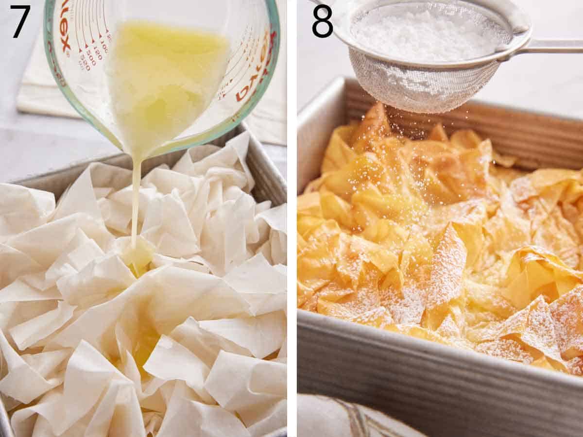 Set of two photos showing melted butter poured over the dough then powdered sugar dusted on top of the baked Bougatsa.