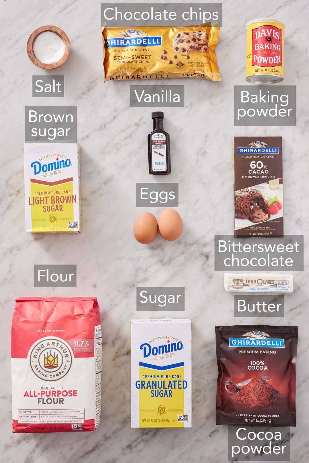 Ingredients needed to make brownie cookies.