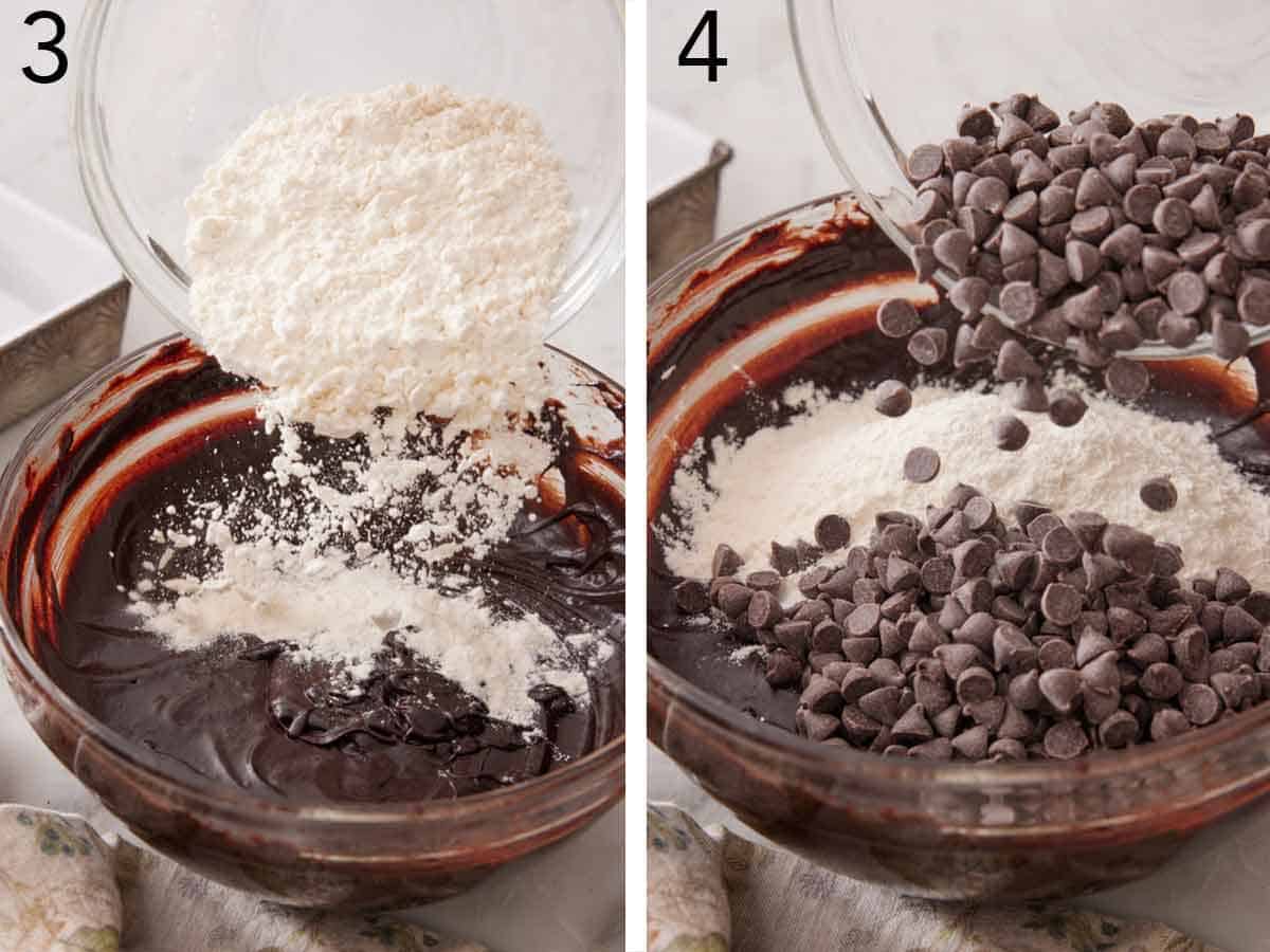 Set of two photos showing flour and chocolate chips added to a bowl of batter.