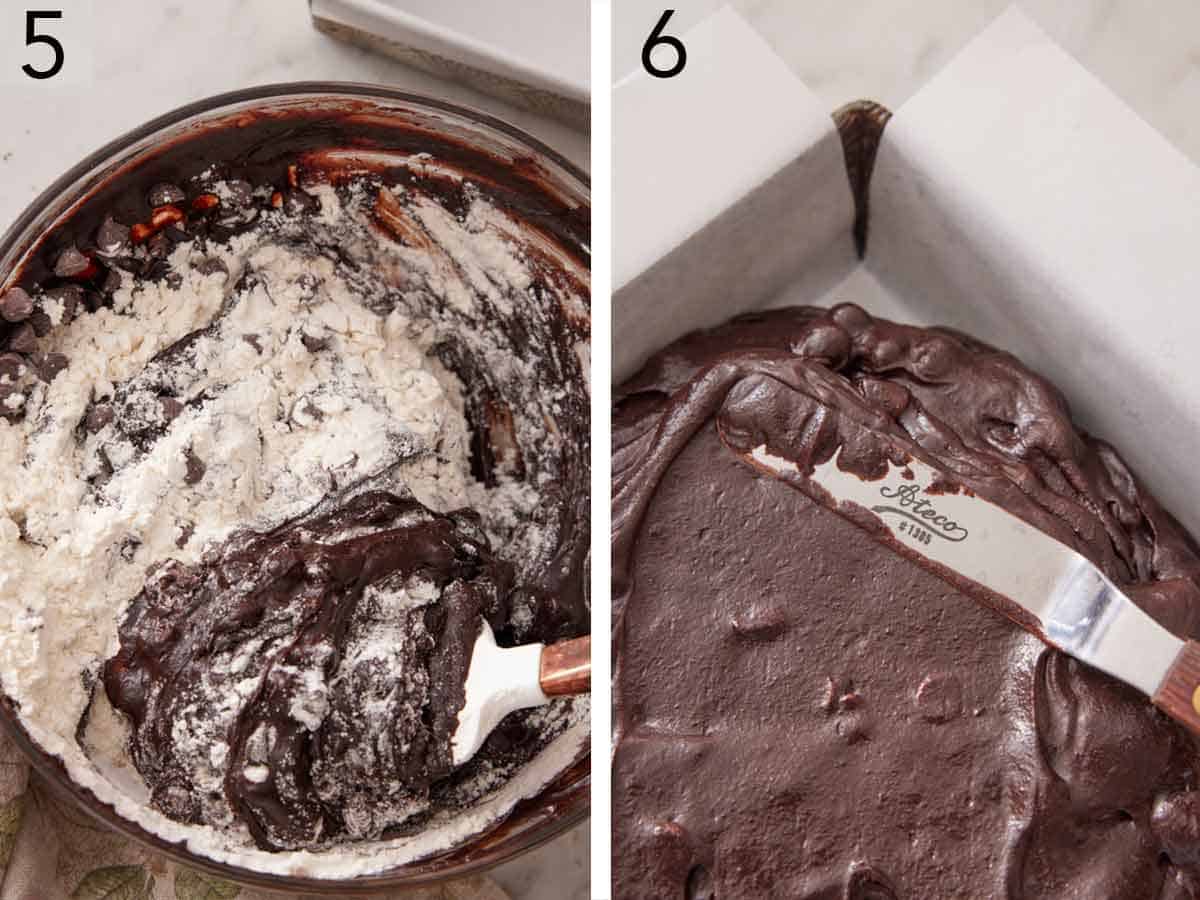 Set of two photos showing batter stirred and spread into a baking dish.