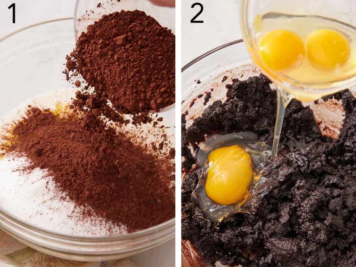 Set of two photos showing dry ingredients added to a bowl and eggs added to batter in the bowl.