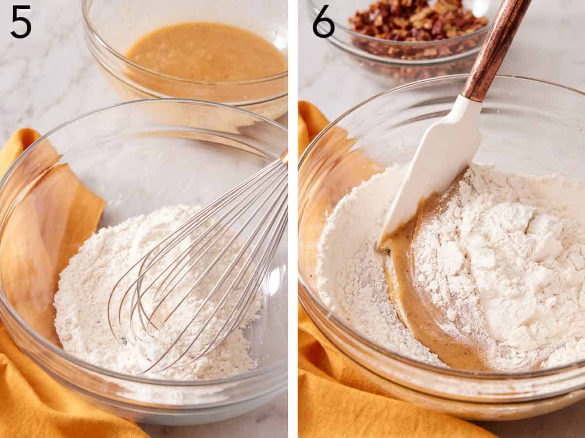 Set of two photos showing dry ingredients whisked and wet ingredients added.