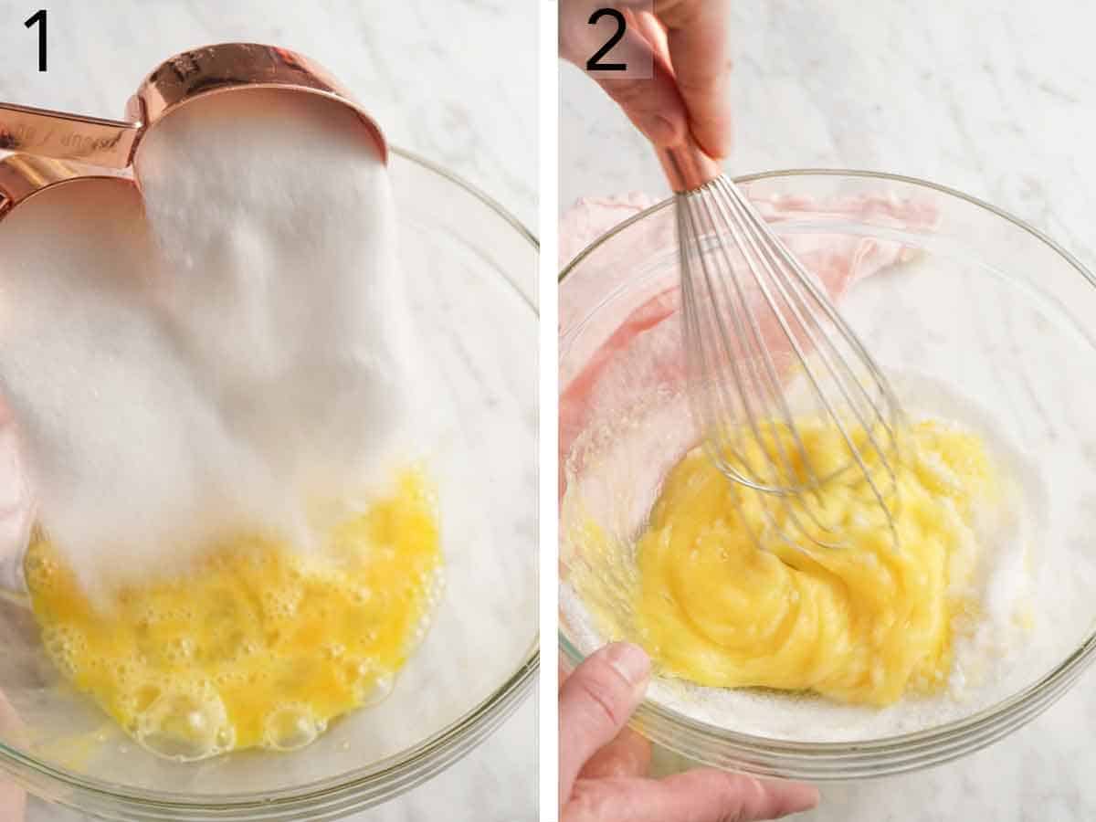 Set of two photos showing sugar added to eggs and whisked together.