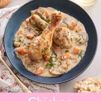 Pinterest graphic of an overhead view of a bowl of chicken fricassée with two drumsticks with a glass of wine, torn bread, and parsley around the bowl.