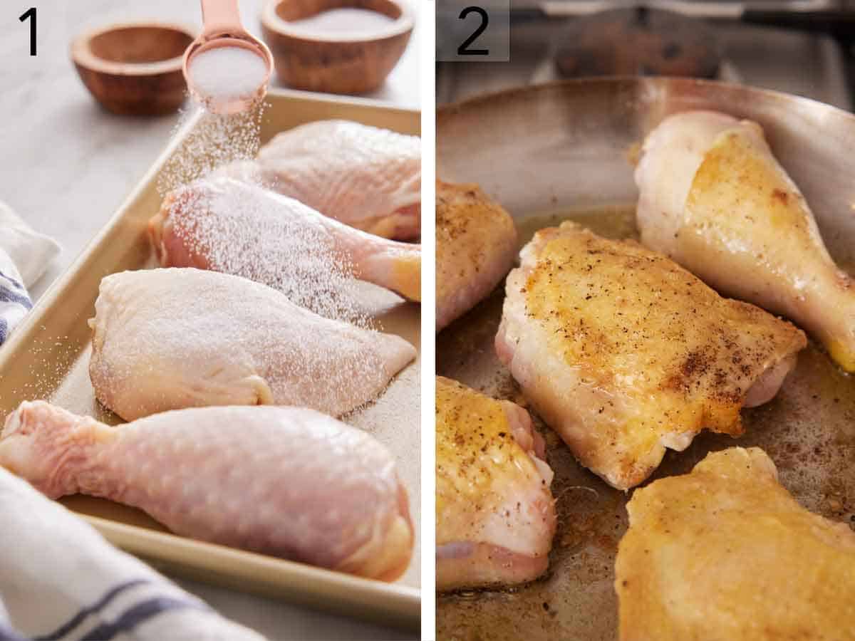 Set of two photos showing meat seasoned and seared.