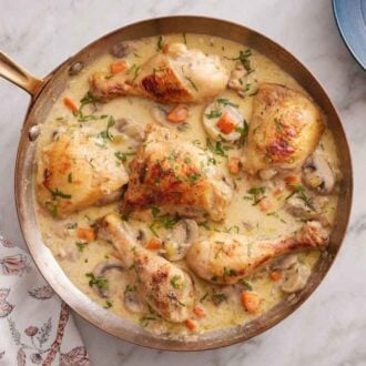 Overhead view of a skillet of chicken fricassée.