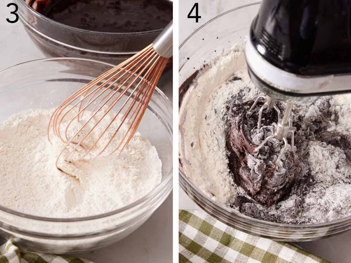 Set of two photos showing dry ingredients whisked together and everything combined in a mixer.