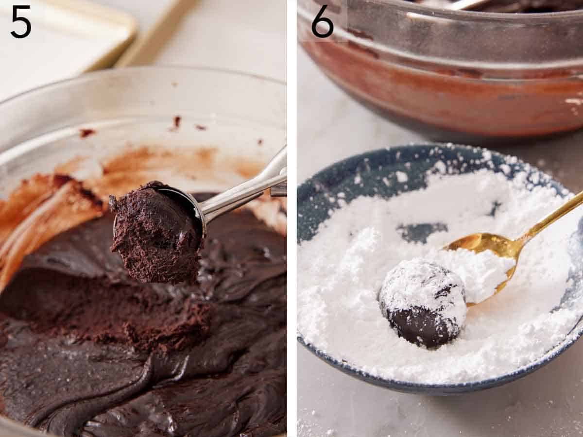 Set of two photos showing dough balls scooped out and tossed in powdered sugar.