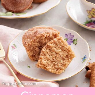 Pinterest graphic of a plate with a cinnamon muffin cut in half with a platter in the background along with coffee and a book.