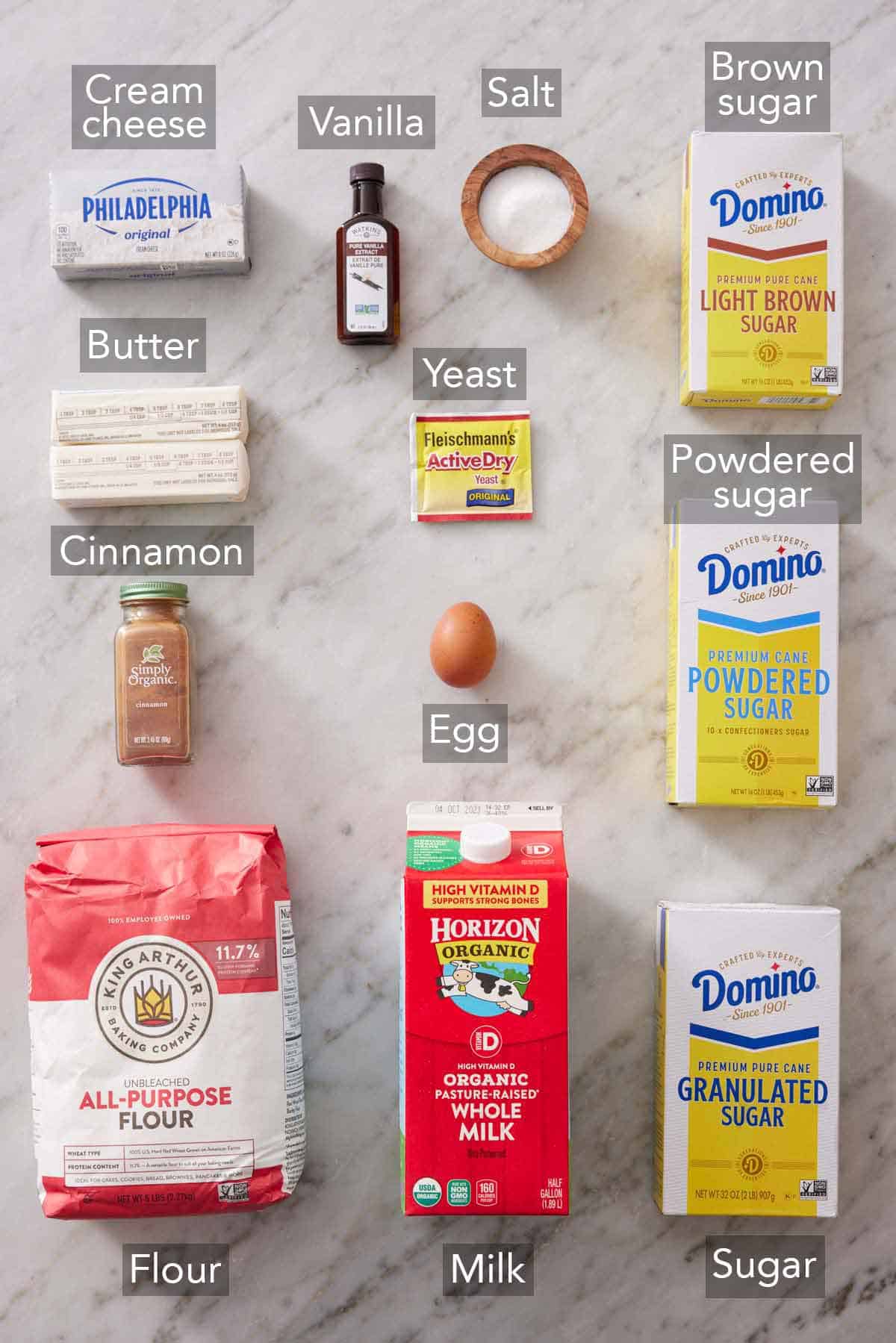 Ingredients needed to make cinnamon rolls.