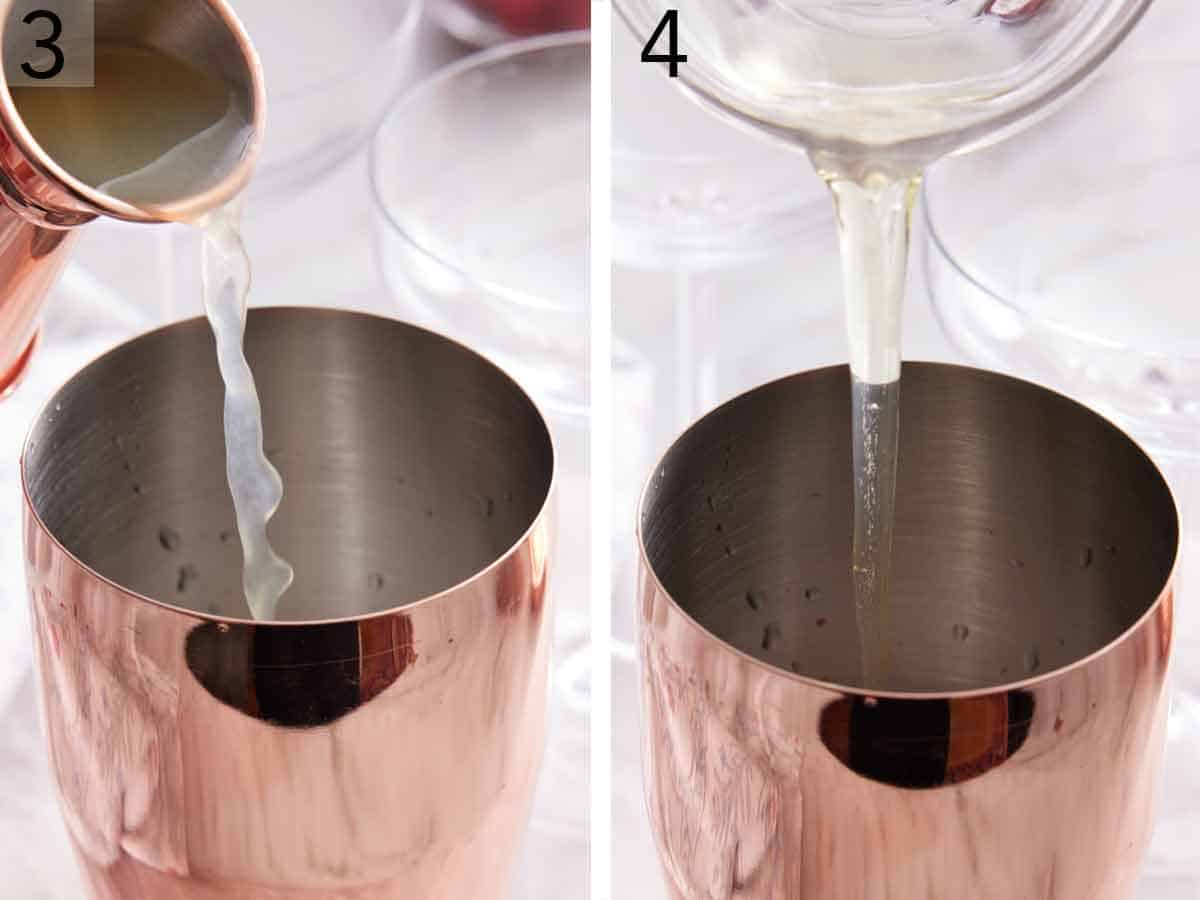 Set of two photos showing lemon juice and egg whites added to a shaker.