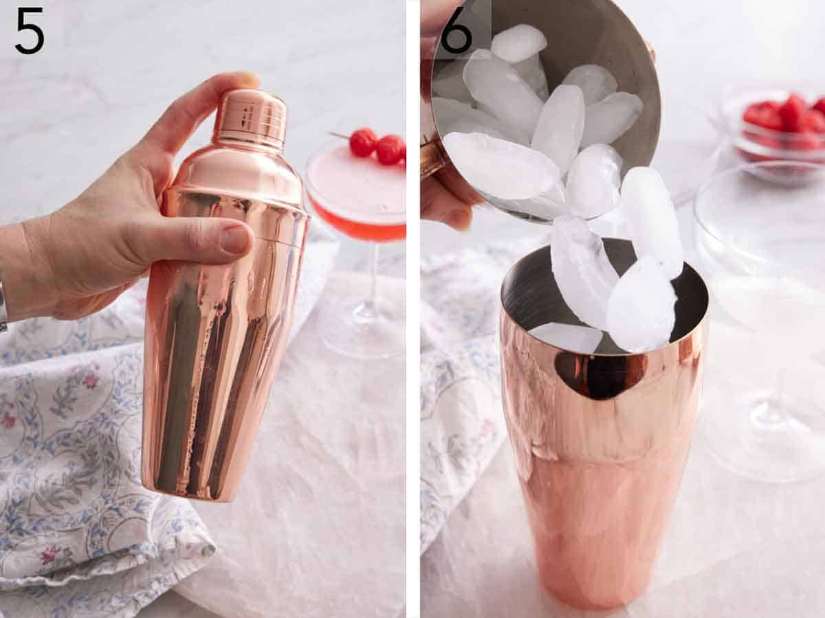 Set of two photos showing shaker shook and ice added to the shaker.