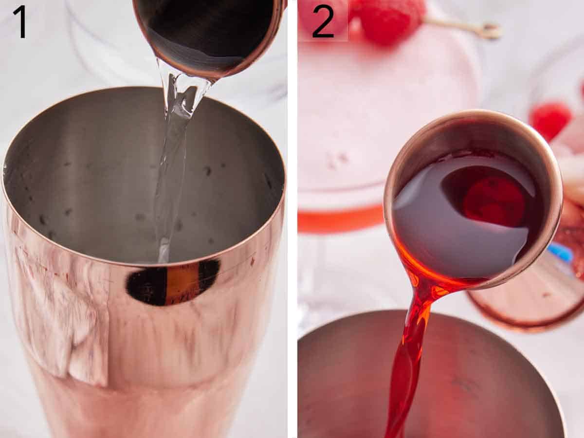 Set of two photos showing gin and raspberry syrup added to a shaker.