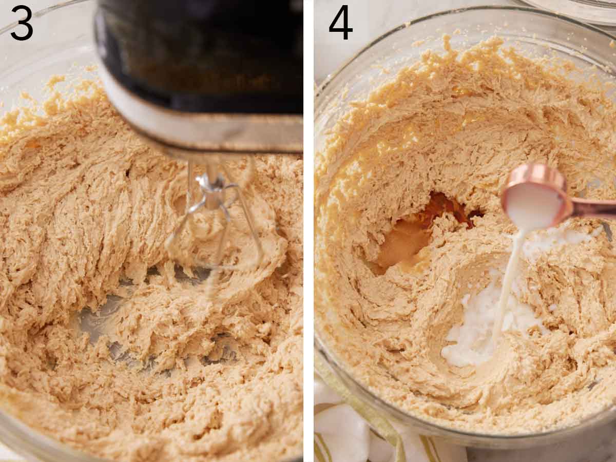 Set of two photos showing mixture mixed together and milk added.