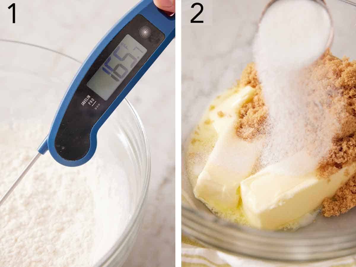 set of two photos showing the a bowl of flour with a thermometer measuring it to 165 degrees and sugar added to a bowl of butter and brown sugar.