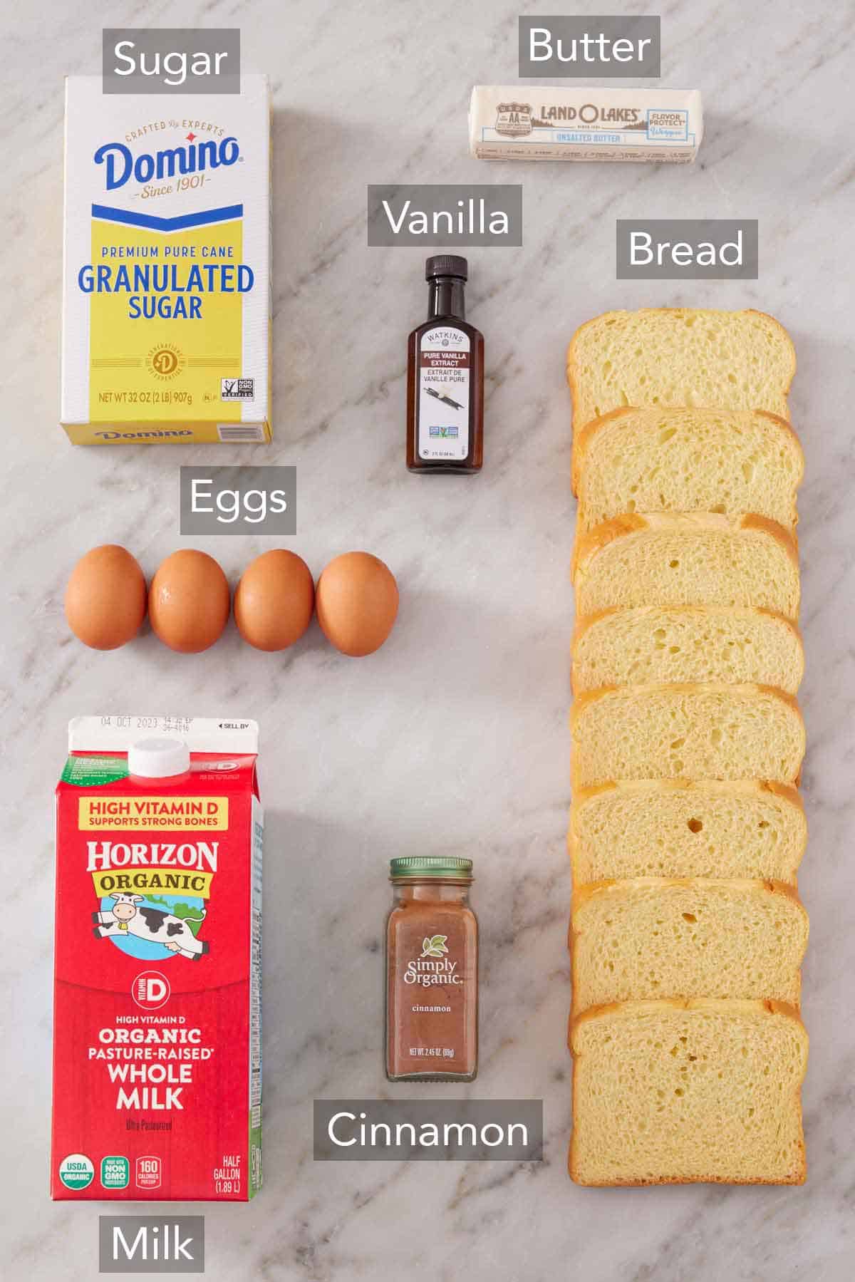 Ingredients needed to make french toast.