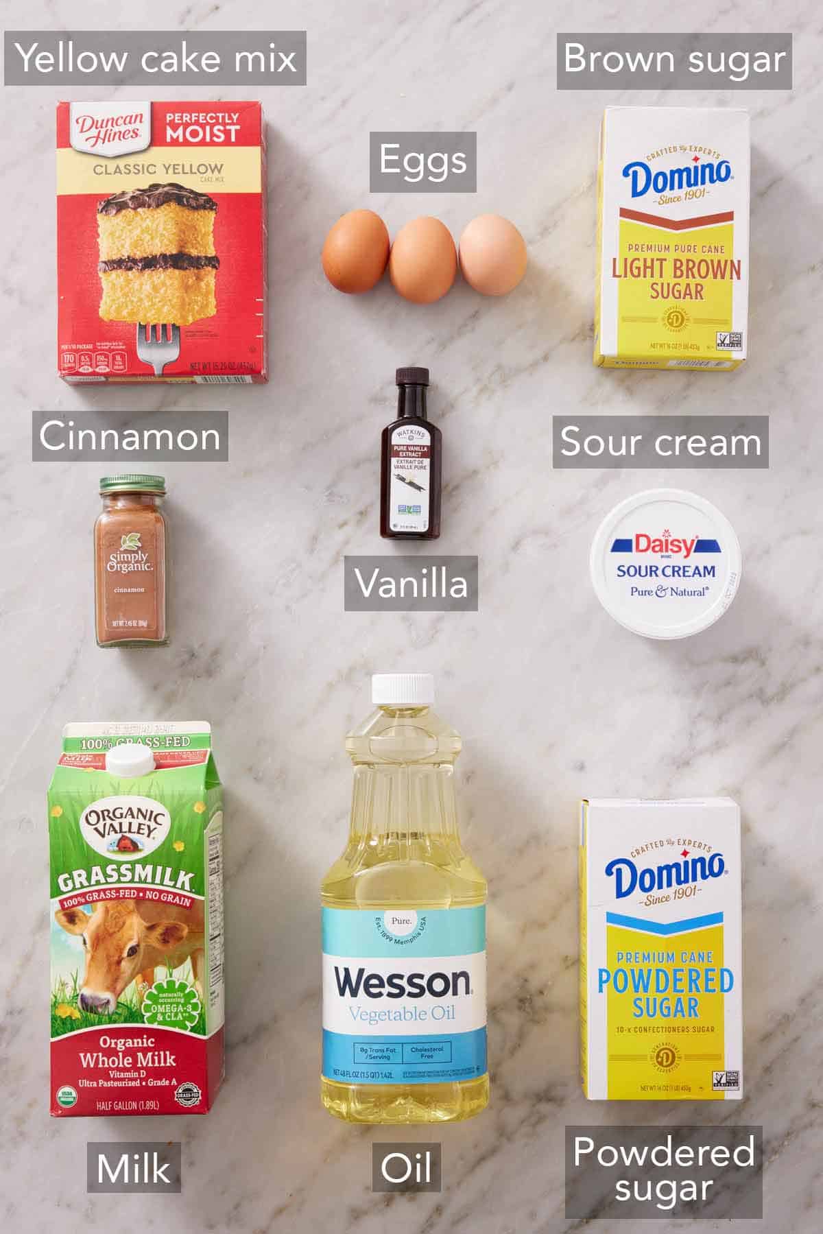 Ingredients needed to make honey bun cake.