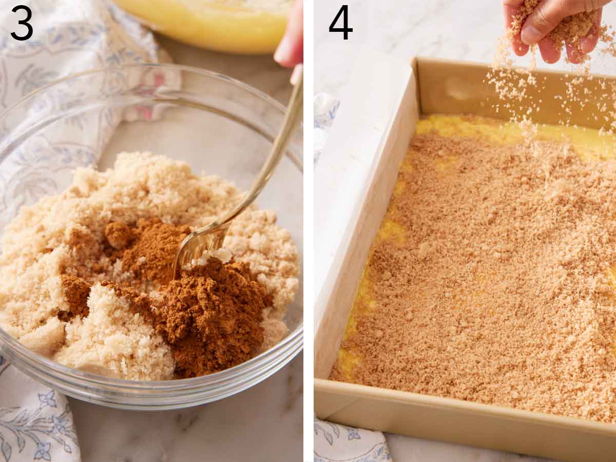Set of two photos showing brown sugar and cinnamon mixed together and added to a baking pan.