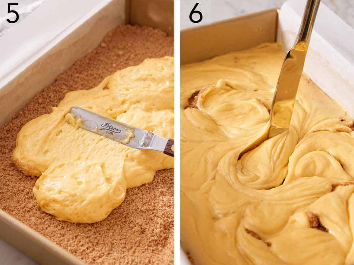 Set of two photos showing batter added to the crust and then swirled.