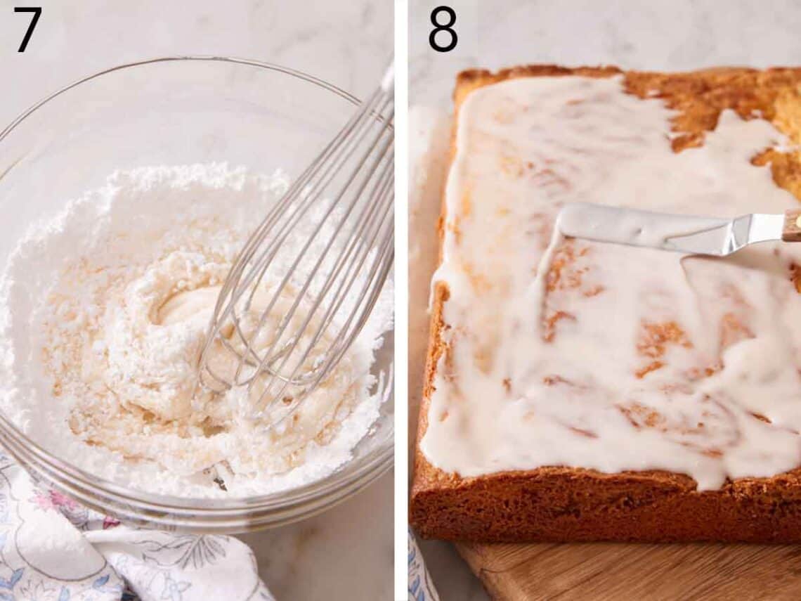 Set of two photos showing a glaze whisked together and spread over the baked cake.