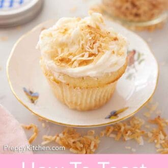 Pinterest graphic of cupcake with toasted coconut on the frosting.