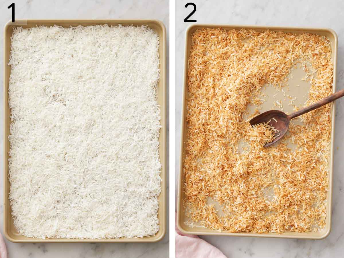 Set of two photos showing how to toast coconut in a sheet pan.