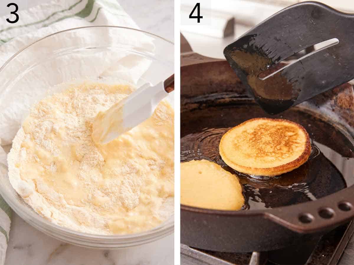 Set of two photos showing batter combined then added to a cast iron skillet with oil.