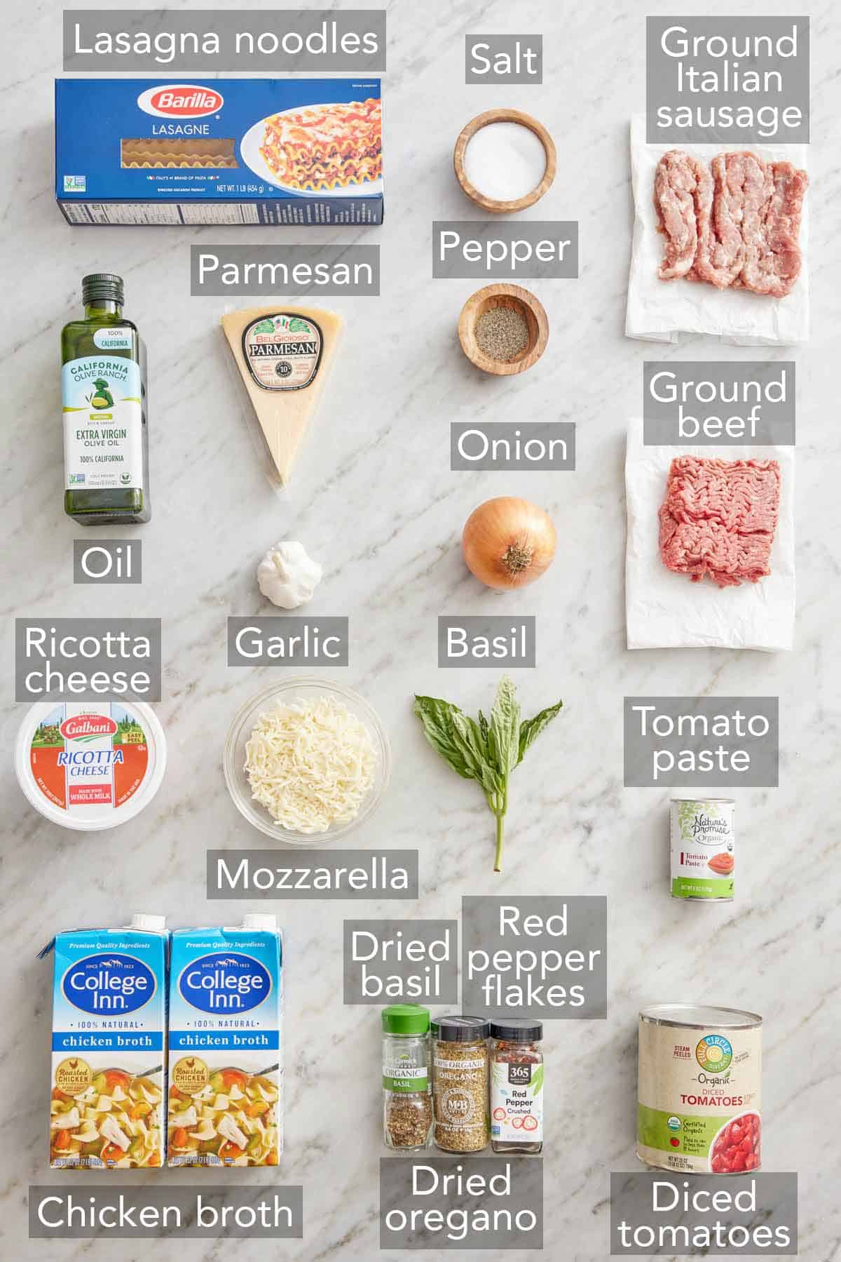 Ingredients needed to make lasagna soup.