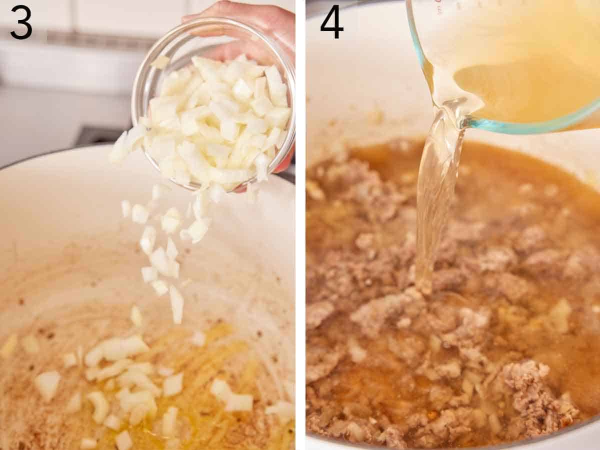 Set of two photos showing onions and broth added to a pot.