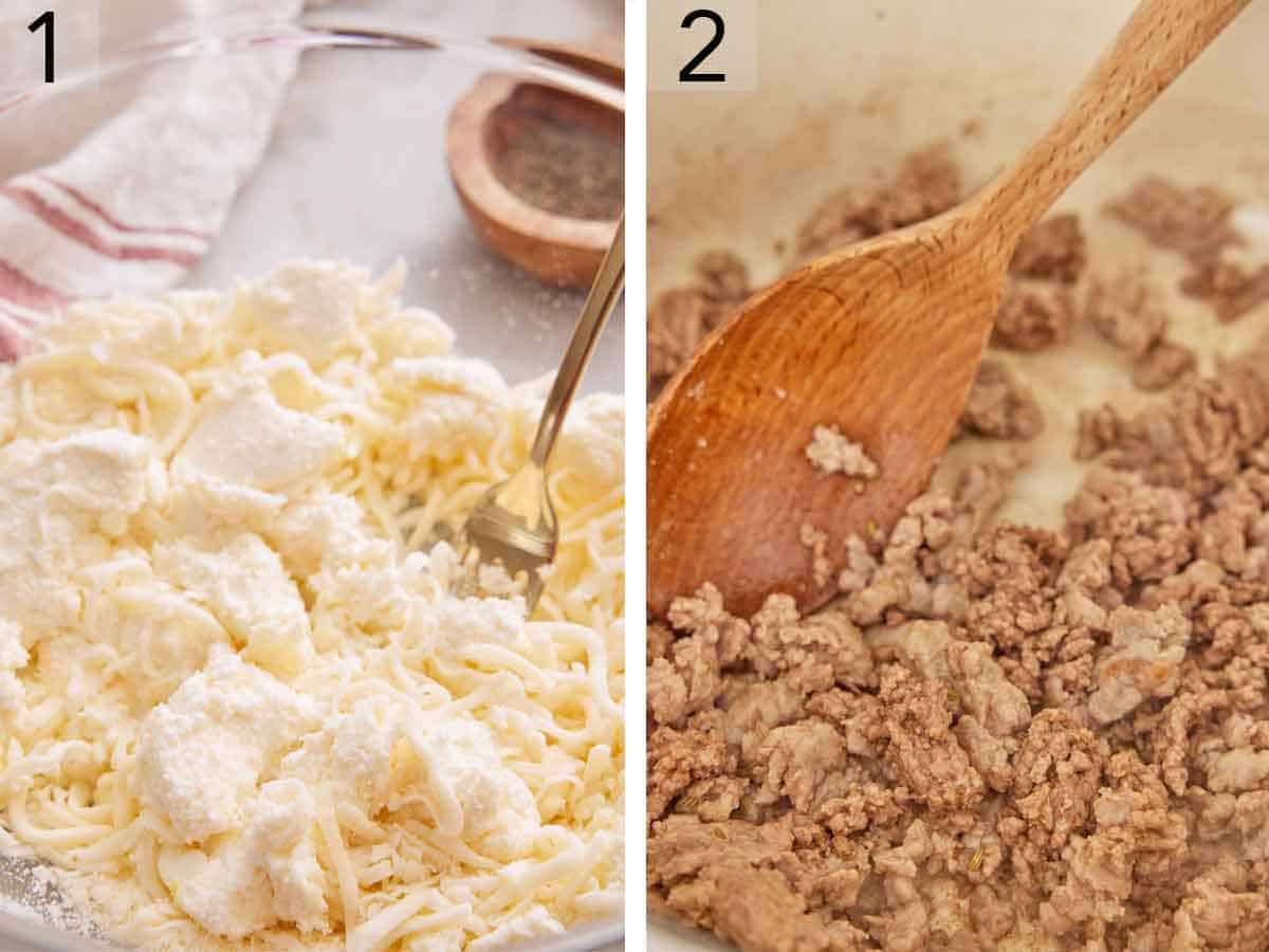 Set of two photos showing cheeses combined in a bowl and meat browned in a pot.